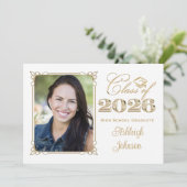 ホワイト、金ゴールド、レッド2025写真卒業招待状 招待状 (スタンド正面)