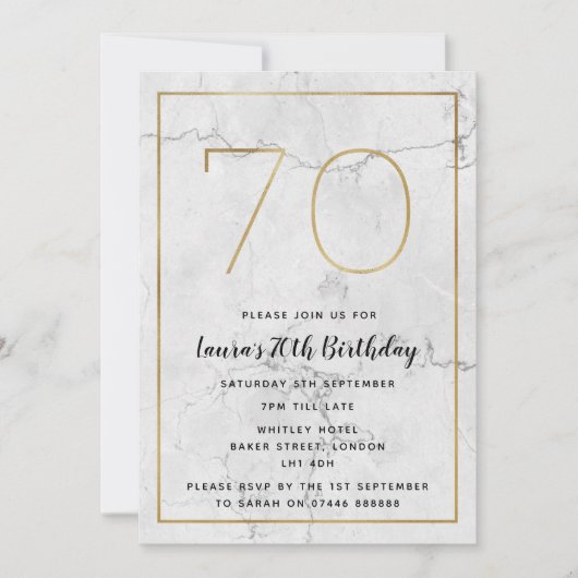 ホワイト&金ゴールドMarbled 70th誕生日招待状 招待状 (正面)