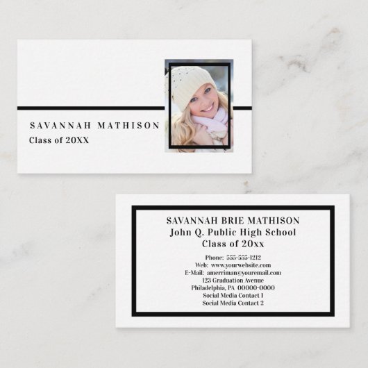 ホワイト |黒い卒業写真名刺の挿入 コーリングカード (正面/裏面)