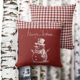 ホワイト・simplisticメリークリスマス・雪だるま・プレイド クッション