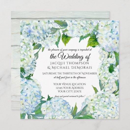 ホワイトnブルーアジサイリースヴィンテージフローラウッド 招待状 (正面/裏面)