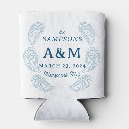 ホワイトnブルー結婚オイスターの名前の日付と場所 缶クーラー (裏面)