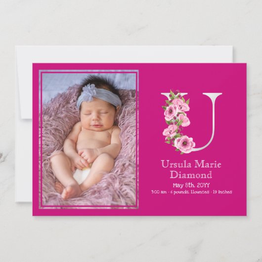 ホワイトUモノグラム誕生統計ベビーガール写真 案内状 (正面)