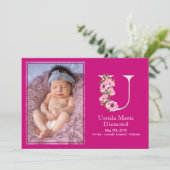 ホワイトUモノグラム誕生統計ベビーガール写真 案内状 (スタンド正面)