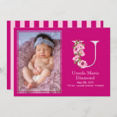 ホワイトUモノグラム誕生統計ベビーガール写真 案内状 (正面/裏面)