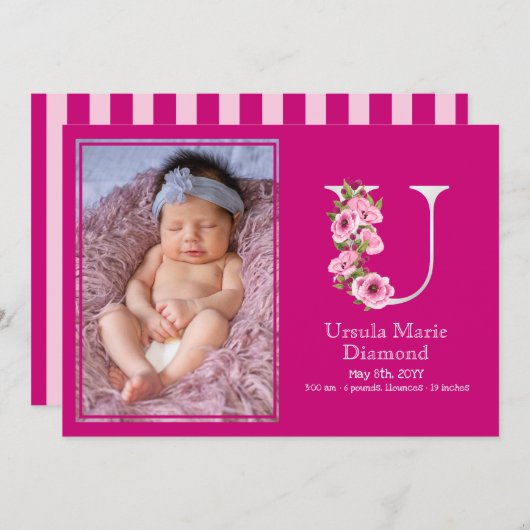 ホワイトUモノグラム誕生統計ベビーガール写真 案内状 (正面/裏面)