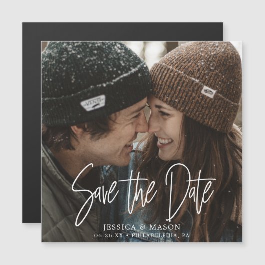 ホワイモダントウェディングで、写真付きの日付磁石を節約 マグネット招待状 (正面/裏面)