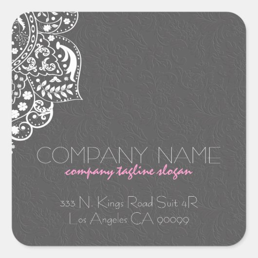 ホワエレガントイガーリートレースグレーフローラダマスク スクエアシール (正面)