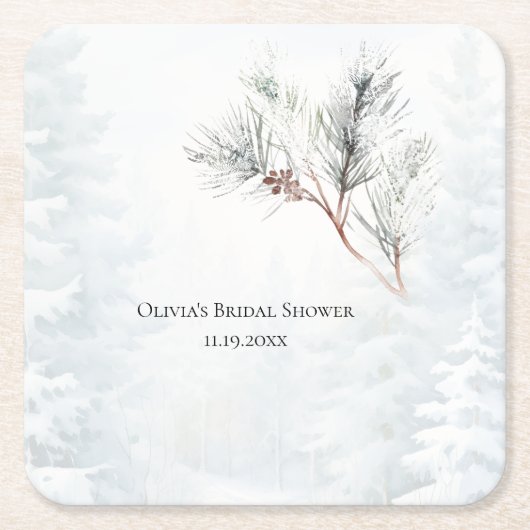 ホワエレガントイトウィンターパインブライダルシャワー スクエアペーパーコースター (正面)