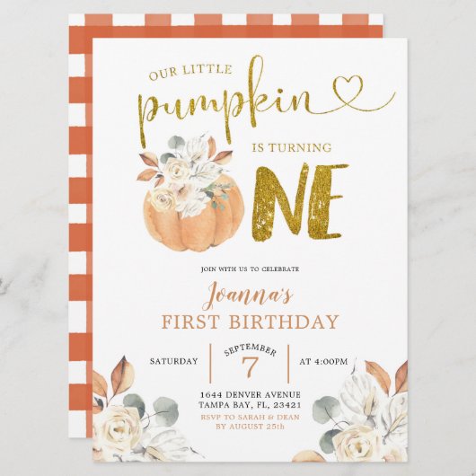 ホワエレガントイトカボチャフローラ第1の誕生日招待状 招待状 (正面/裏面)