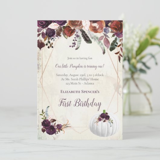 ホワエレガントイトカボチャベビーファースト誕生日 招待状 (スタンド正面)