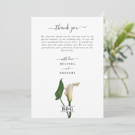 ホワエレガントイトカラリリーグリーン植物学結婚院 サンキューカード (スタンド正面)