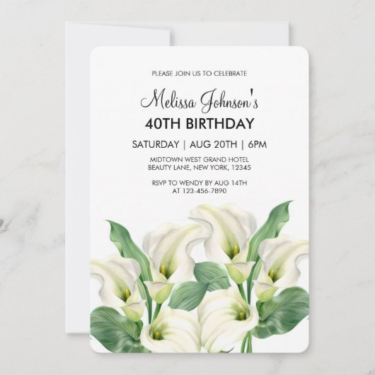 ホワエレガントイトカラリリーフローラ誕生日 招待状 (正面)