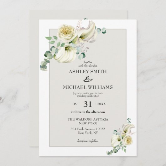 ホワエレガントイトカラリリー&ユーカリ結婚ス 招待状 (正面/裏面)