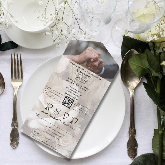 ホワエレガントイトクリームバラフローラQRコード写真 オールインワン招待状