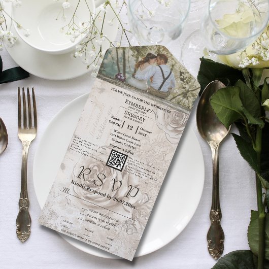 ホワエレガントイトクリームバラフローラQRコード写真 オールインワン招待状