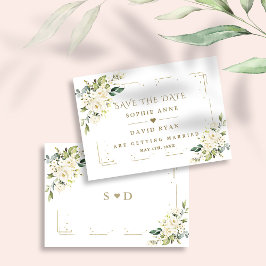 ホワエレガントイトクリームフラワーズ金ゴールド結婚グリッター セーブザデート