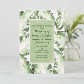 ホワエレガントイトグリーン熱帯ビーチ葉ズ結婚ズ 招待状 (スタンド正面)