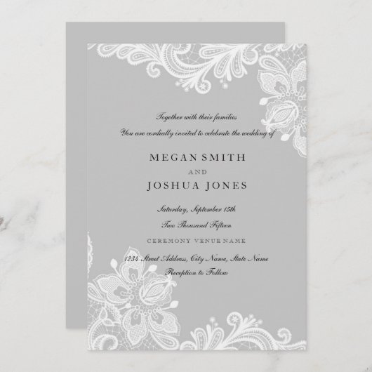 ホワエレガントイトグレーレース結婚式招待状 招待状 (正面/裏面)