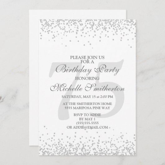 ホワエレガントイトシルバーグレーグリッター75誕生日 招待状 (正面/裏面)