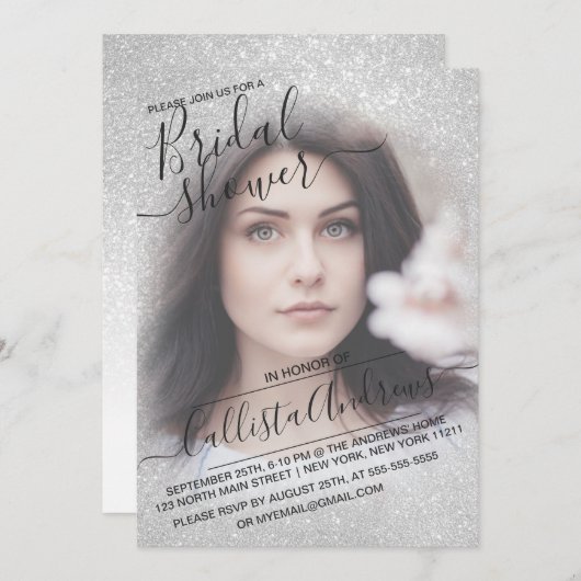 ホワエレガントイトスパークリーグリッターフォトブライダルシャワー 招待状 (正面/裏面)
