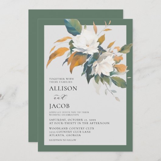 ホワエレガントイトセージ緑フローラ結婚式招待状 招待状 (正面/裏面)