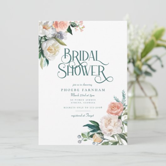 ホワエレガントイトピーチフローラグリーンリーブライダルシャワー 招待状 (スタンド正面)