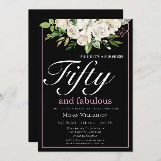 ホワエレガントイトフローラ50と素晴らしい誕生日 招待状 (正面/裏面)
