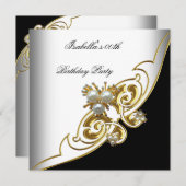 ホワエレガントイトブラック金ゴールドパール誕生日 招待状 (正面/裏面)