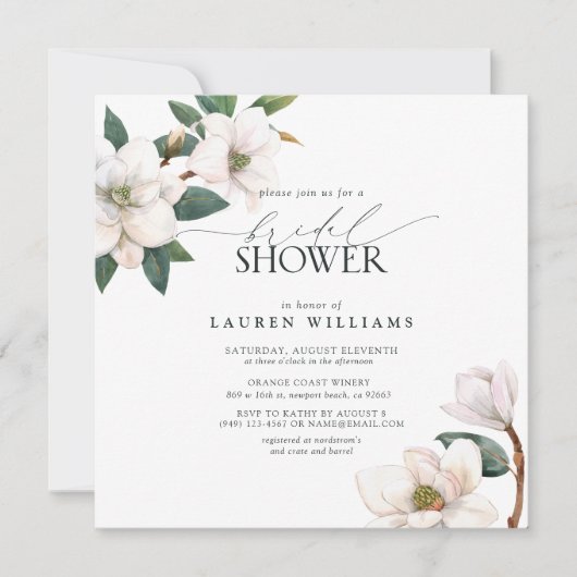 ホワエレガントイトマグノリア水カラーブライダルシャワー 招待状 (正面)