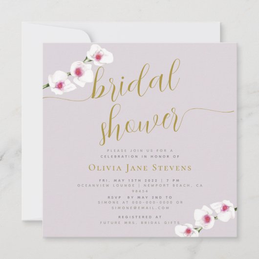 ホワエレガントイトマゼンタオーキッドパールブライダルシャワー 招待状 (正面)
