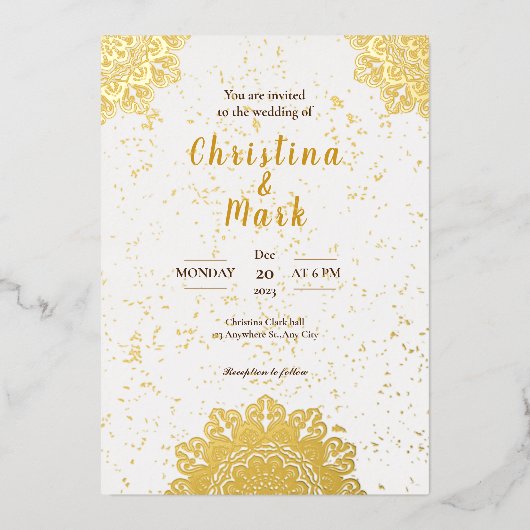 ホワエレガントイトモダンタイポグラフィ結婚ズ 箔招待状 (正面)