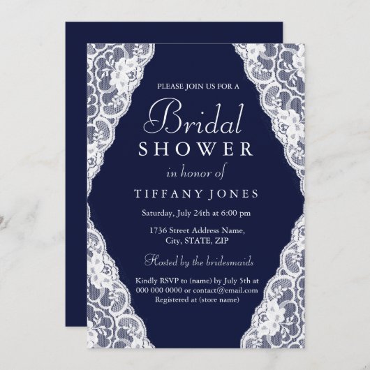 ホワエレガントイトレースネイビーブルーブライダルシャワー招待状 招待状 (正面/裏面)