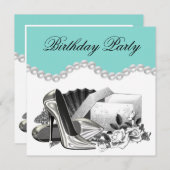 ホワエレガントイトローズティール（緑がかった色）ブルーバースデーパーティー 招待状 (正面/裏面)