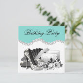 ホワエレガントイトローズティール（緑がかった色）ブルーバースデーパーティー 招待状 (スタンド正面)