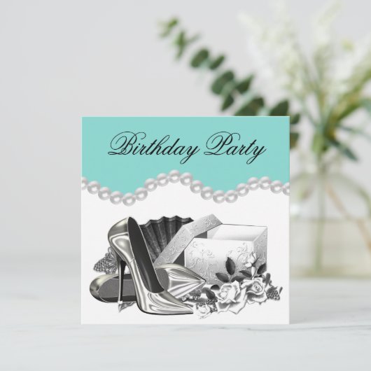 ホワエレガントイトローズティール(緑がかった色)ブルーバースデーパーティー 招待状 (スタンド正面)