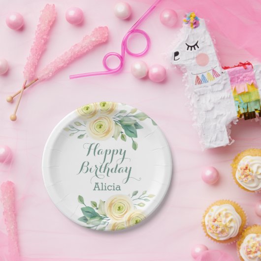 ホワエレガントイトローズフローラグリーナリー誕生日 ペーパープレート (パーティー)