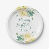 ホワエレガントイトローズフローラグリーナリー誕生日 ペーパープレート (正面)
