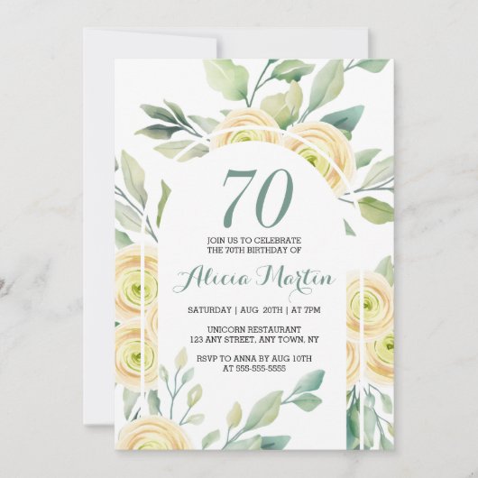 ホワエレガントイトローズフローラグリーンリー70誕生日 招待状 (正面)