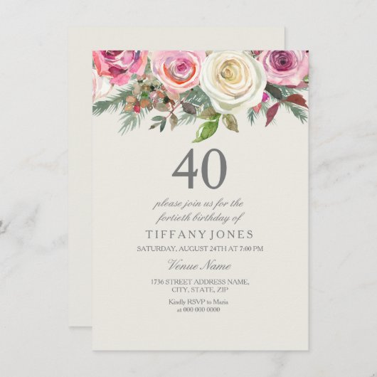 ホワエレガントイトローズフローラ40歳の招待状 招待状 (正面/裏面)
