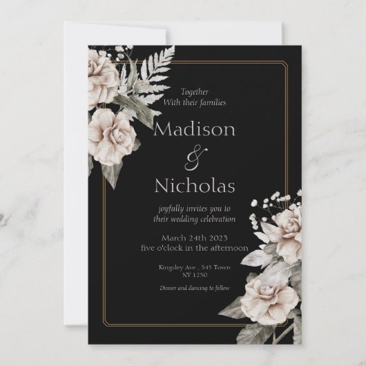 ホワエレガントイトローズブラック結婚式招待状 招待状 (正面)