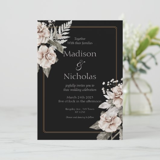 ホワエレガントイトローズブラック結婚式招待状 招待状 (スタンド正面)