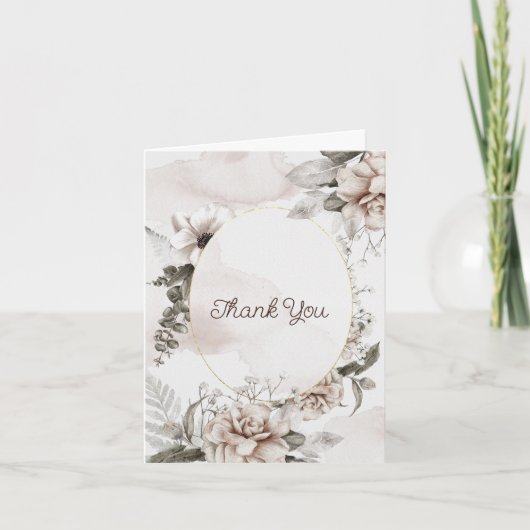 ホワエレガントイトローズマグノリア水彩フローラ サンキューカード (正面)