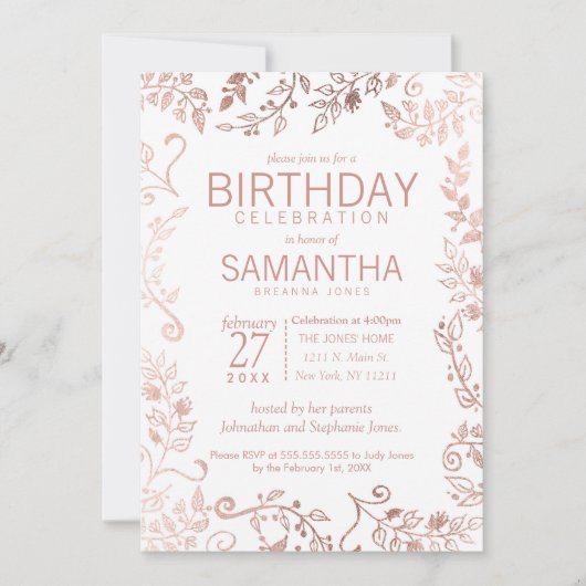 ホワエレガントイトローズ金ゴールドフローラ誕生会 招待状 (正面)