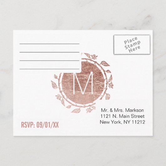 ホワエレガントイトローズ金ゴールドフローラRSVPポストカード インビテーションポストカード (裏面)