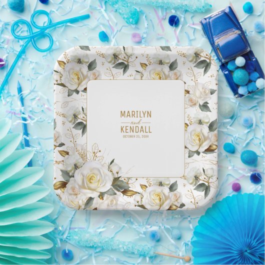 ホワエレガントイトローズ金ゴールドロマンフローラ結婚ズ ペーパープレート (パーティー)