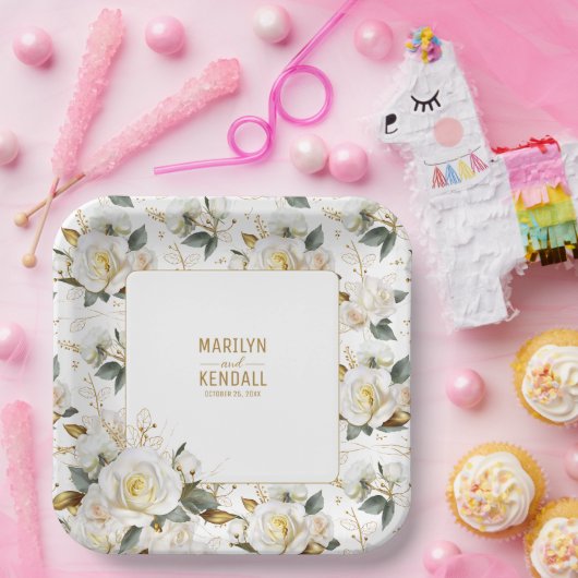 ホワエレガントイトローズ金ゴールドロマンフローラ結婚ズ ペーパープレート (パーティー)