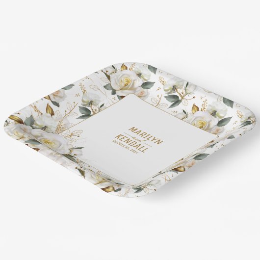 ホワエレガントイトローズ金ゴールドロマンフローラ結婚ズ ペーパープレート (傾斜あり)