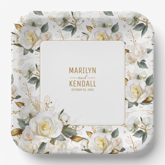 ホワエレガントイトローズ金ゴールドロマンフローラ結婚ズ ペーパープレート (正面)