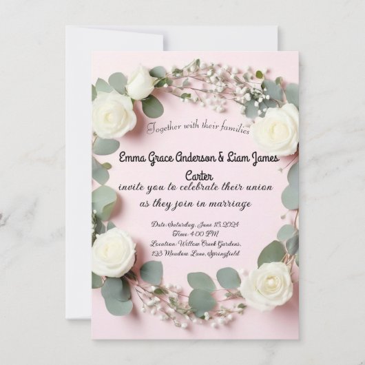 ホワエレガントイトローズ&ユーカリ結婚式招待状 招待状 (正面)